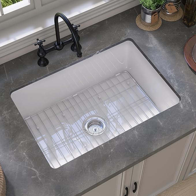 GETPRO White Undermount Kitchen Sink 27 inch Fireclay Porcelain Farmhouse Sink Drop in 27X19 Single Bowl Topmount Deep Farm House Style Easy to Clean for Bar, Kitchen, Laundry, Outdoor