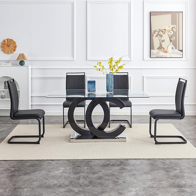 Ebullient 63" Glass Dining Table, Black OC Design Base Rectangular Glass Kitchen Table, Glass Top Dining Table for 4-6 Persons Table Furniture for Dining Room/Kitchen