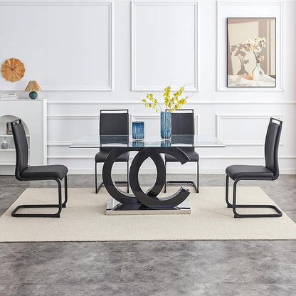 Ebullient 63" Glass Dining Table, Black OC Design Base Rectangular Glass Kitchen Table, Glass Top Dining Table for 4-6 Persons Table Furniture for Dining Room/Kitchen