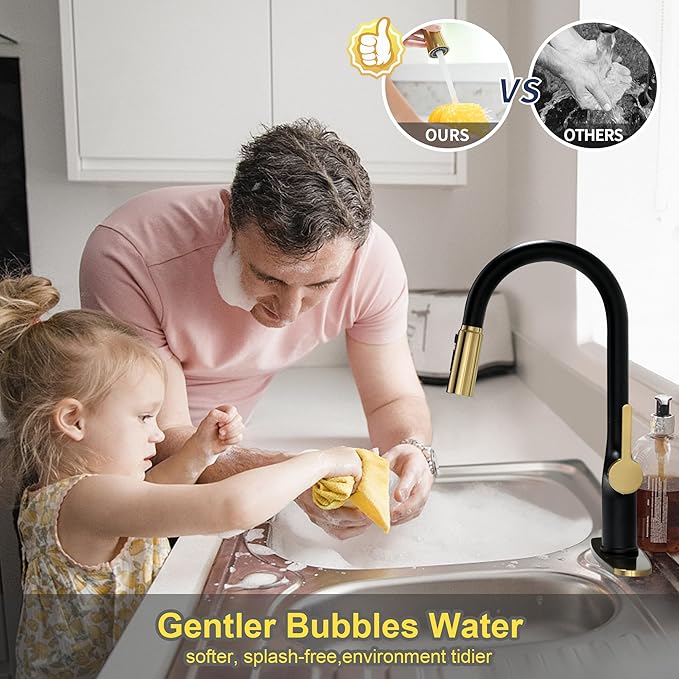 Kitchen Faucets, Black and Gold Kitchen Faucet with Pull Down Sprayer, High Arc Stainless Steel Kitchen Sink Faucet, Modern Brass Kitchen Faucet 1 or 3 Hole, Brushed Gold/Matte Black