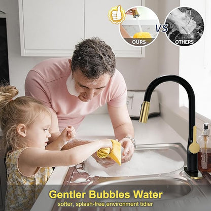 Kitchen Faucets, Black and Gold Kitchen Faucet with Pull Down Sprayer, High Arc Stainless Steel Kitchen Sink Faucet, Modern Brass Kitchen Faucet 1 or 3 Hole, Brushed Gold/Matte Black