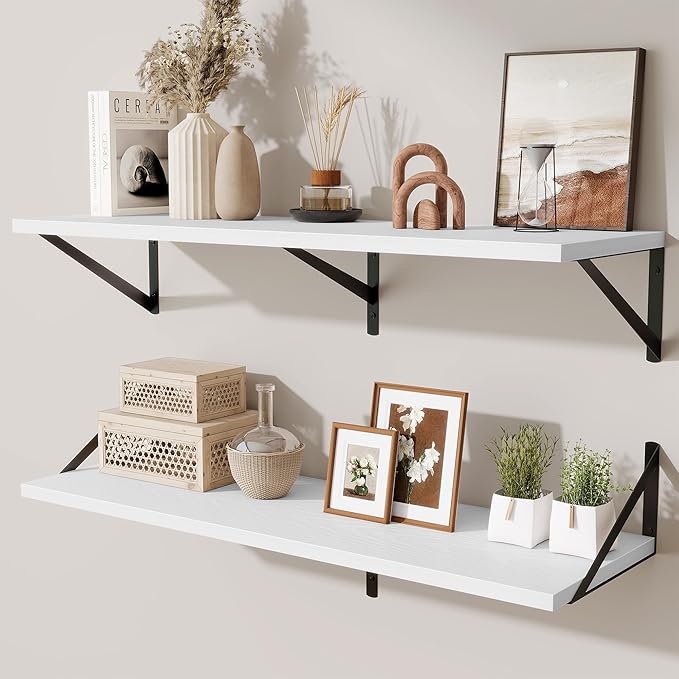 Acovy Deep Floating Shelves for Wall,36" Wx10 D Wood Wall Shelves with Metal Brackets,Hanging Storage Floating Shelf for Living Room,Bedroom,Bathroom,Office,Kitchen,White