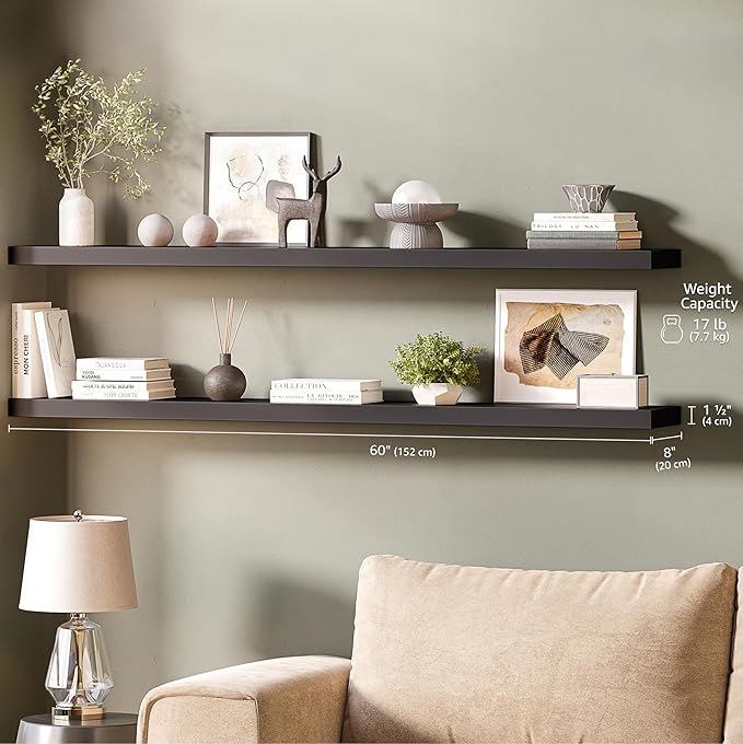 Ballucci Floating Shelves for Wall, 60" Wood Wall Shelf Set of 2, with Invisible Brackets for Bathroom, Living Room, Bedroom, Kitchen, Nursery, 8" Deep, Black