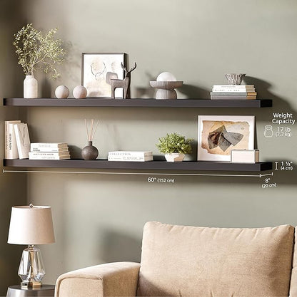 Ballucci Floating Shelves for Wall, 60" Wood Wall Shelf Set of 2, with Invisible Brackets for Bathroom, Living Room, Bedroom, Kitchen, Nursery, 8" Deep, Black