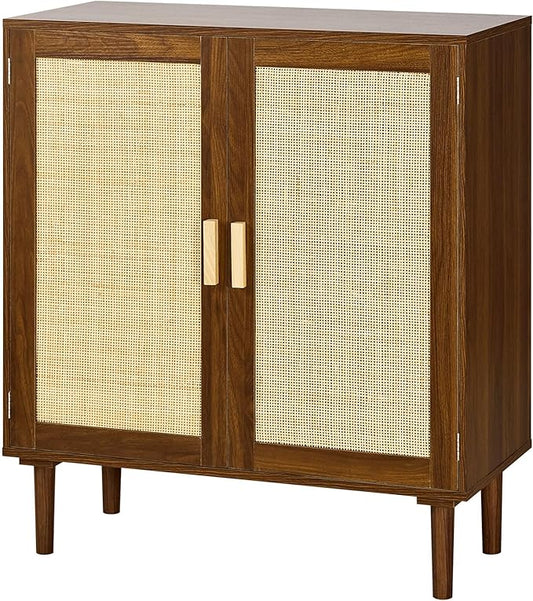 VEVOR Rattan Cabinet, Rattan Storage Cabinet with 2 Magnetic Doors and Adjustable Shelves, Accent Sideboard Buffet with Wooden Legs & Power Cord Hole for Hallway, Entryway, Living Room, Kitchen, Brown