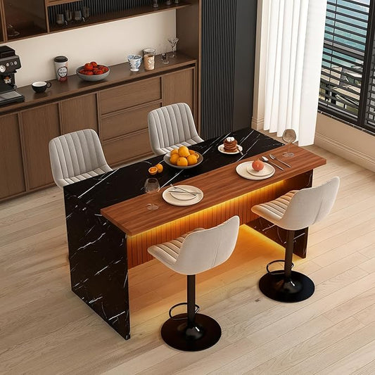 Runboll 63" Large Island Table Set with 4 Bar Stools, Modern Faux Marble Dining Table Set with Multi-Color LED Lights, Kitchen Island with Grille Design for Dining Room, Home, Office, Living Room