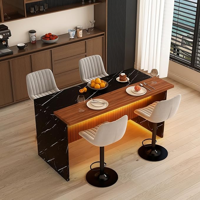 GOWE 63" Modern Kitchen Island Set with 4 Gray Bar Stools - Black Marble Look Surface, LED Lighting & Grill Design for Dining Room, Open Concept Spaces, Lounge(4 Gray Bar Stools)