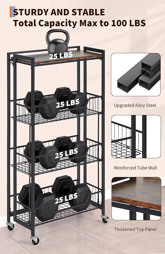 PeakPursuit Large 4-Tier Collapsible Wooden Storage Shelf – Heavy Duty 100 lbs Capacity, Locking Wheels – Space-Saving Organizer for Kitchen, Garage, Workshop, Home – No Assembly Required
