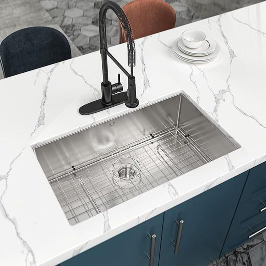 Kitchen Sink 30x18 Inch Undermount Sink Stainless Steel 16 Gauge Single Bowl Kitchen Sinks Set (5 Item Bundle: Sink, Bottom Grid, Drain Assembly, Drain Cap, Towel)