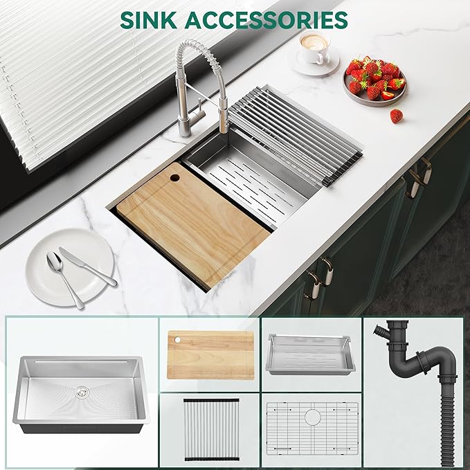 YITAHOME Kitchen Sink Undermount Workstation 32in, 304 Stainless Steel Single Bowl w/Ledge & Accessories, Honeycomb Surface Design, RV, Modern Bar Sink 32x19x10in, Silver