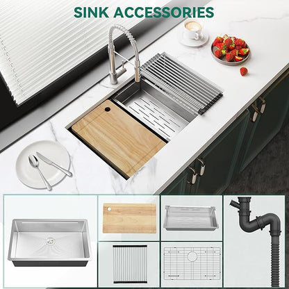 YITAHOME Kitchen Sink Undermount Workstation 32in, 304 Stainless Steel Single Bowl w/Ledge & Accessories, Honeycomb Surface Design, RV, Modern Bar Sink 32x19x10in, Silver