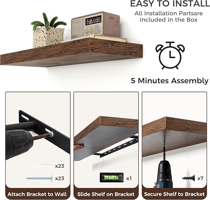 Venusmiles Floating Shelves for Wall, Engineered Wood Wall Shelves with Invisible Brackets for Living Room Bedroom Bathroom Office Kitchen Decor and Storage (Brown, 48" W x 9" D x 1.5" H) Set of 2