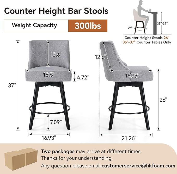 Counter Height Bar Stools Set of 4, Swivel Barstools with Backs and Wood Legs, Linen Fabric Upholstered Counter Stools for Kitchend Island, Mid-Century Modern 26" Seat Height Bar Chairs, Grey