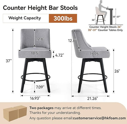 Counter Height Bar Stools Set of 4, Swivel Barstools with Backs and Wood Legs, Linen Fabric Upholstered Counter Stools for Kitchend Island, Mid-Century Modern 26" Seat Height Bar Chairs, Grey