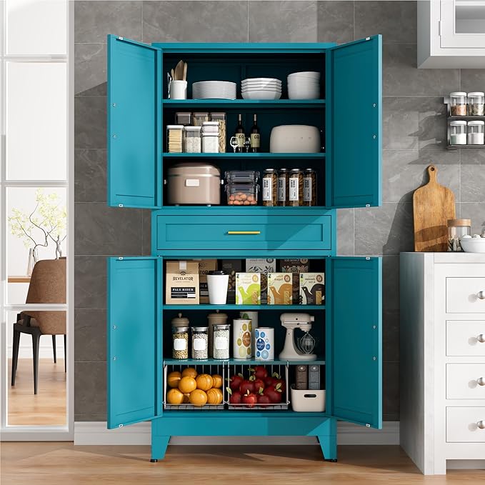 LCAOPC 71" Tall Pantry Storage Cabinet with Drawer and Adjustable Shelves, Freestanding Tall Kitchen Cupboard Storage Cabinet for Kitchen,Dining Room, Living Room, Blue