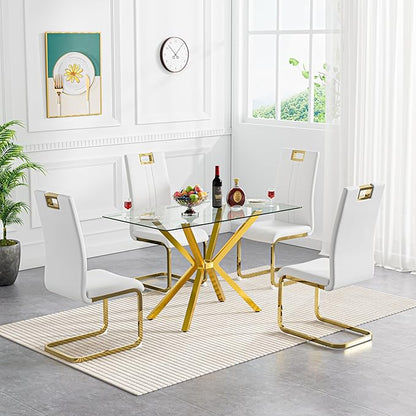 47-Inch Modern Dining Table for 4 - Small Gold Kitchen Table With 0.32" Rectangular Tempered Glass Top and Gold Metal Legs - Clear Glass for Dining Room
