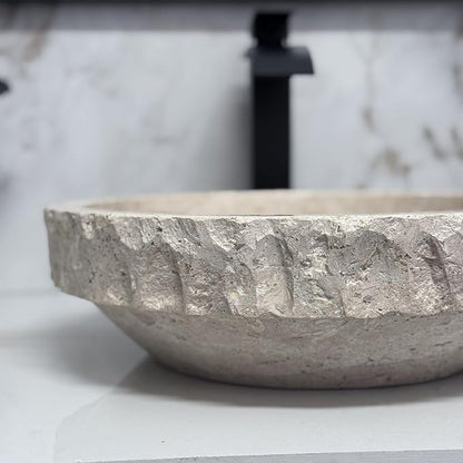 Shades of Nature Round Travertine Vessel Sink, Natural Stone Wash Basin, Hand-Carved Bathroom Sink, Chiseled Exterior, Polished Interior, Above Counter Vanity (Soap Tray Included)