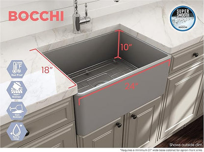BOCCHI Classico Farmhouse Apron Front Fireclay 24 in. Single Bowl Kitchen Sink with Protective Bottom Grid and Strainer in M.Gray
