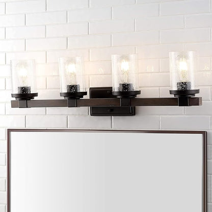 JONATHAN Y 32" Oil Rubbed Bronze LED Vanity Light, Rustic Farmhouse Sconce, Clear Seeded Glass Shade, Industrial Wall Lamp for Bathroom Mirror, Kitchen Sink, LED Bulb (JYL7510A)