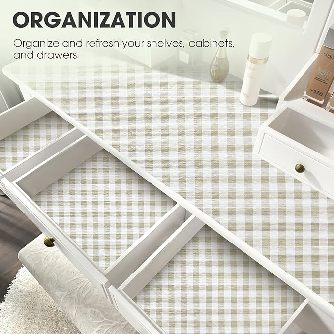 Drawer and Shelf Liner, Non-Slip Kitchen Cabinet Liners Non-Adhesive Thick Strong Grip Waterproof Washable Mats Protect Dresser Shelves Cupboard Bathroom Cabinets, Yellow Plaid, 24 in X 30 FT