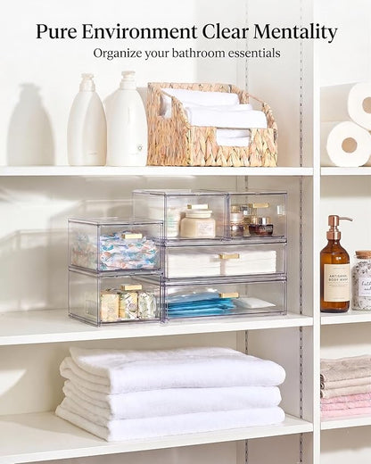 LALOBLUE Stackable Storage Drawers, 6 Pack Clear Acrylic Organizer Bins with Golden Handles, Multi-Size Plastic Drawers for Makeup, Vanity, Kitchen, Bathroom, Office, Pantry Organization and Storage