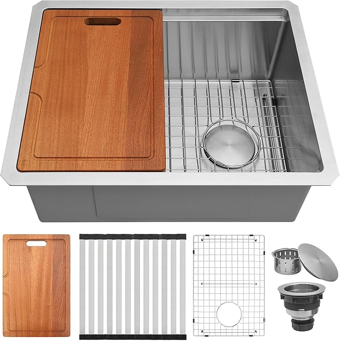 Undermount Kitchen Sink 23 inch,16 gauge Stainless Steel Workstation Sink,Deep and Large Single Bowl Kitchen Sinks Offset Drain (23" X 18")