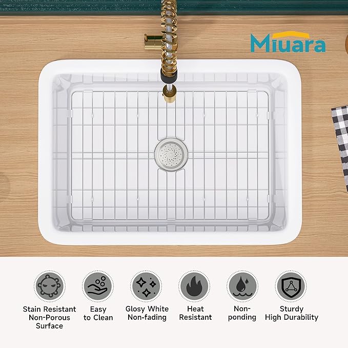 Miuara White Undermount Kitchen Sink 27 Inch - Topmount Fireclay Drop In Sink 27"x19"x10", Dual Mount Heavy Duty Deep Single Bowl, w 2 Accessories, Glossy White, for Kitchen & Laundry & Small Space