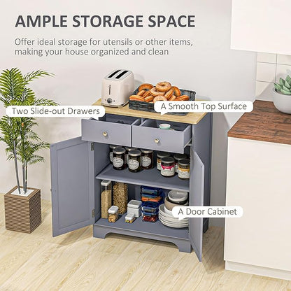 HOMCOM Sideboard Buffet Cabinet with Solid Wood Countertop, Modern Kitchen Storage Cabinet, Coffee Bar Cabinet with 2 Drawers, Doors and Adjustable Shelf, Gray