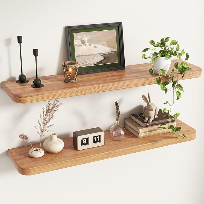 Reclaimed Elm Wood Floating Shelves for Wall Round Edge, 39"W x 9.2"D x 1.37"H, Set of 2 with Invisible Bracket, Wall Mounted Shelves for Living Room Bedroom Kitchen Bathroom Decor, Natural Finish
