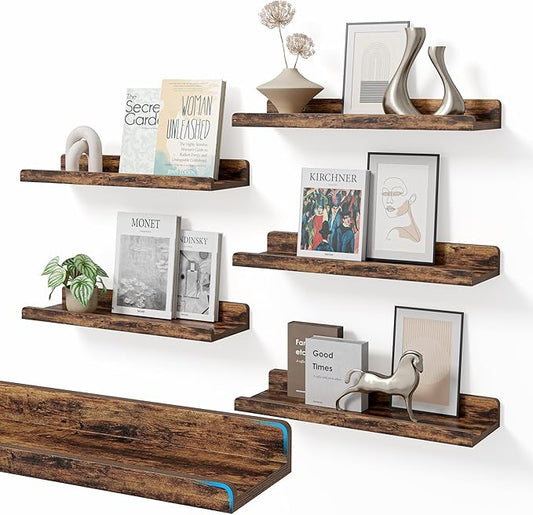 YUFLINX 16’’Rustic Brown Floating Shelves for Wall Set of 6,Rustic Wood Shelf for Room Decor/Storage/Display,Small Bookshelf,Wall Mounted Hanging Shelves for Bedroom, Bathroom, Living Room, Kitchen