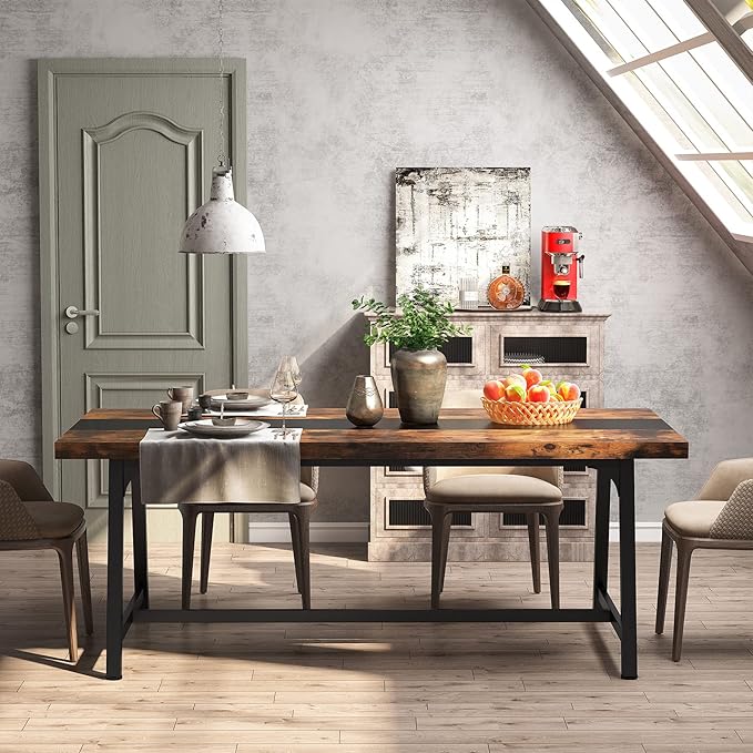 LITTLE TREE 70.87 Inches Dining Table for 8 People, Wooden Kitchen Table with Strong Metal Frame for Big Family, Rectangular Large Long Dining Room Table for Gathering, Rustic Brown