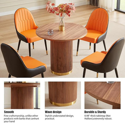 AF ARTISAN FURNITURE Modern Farmhouse Dining Table Set, 35.04" Round Table with 4 Leather Chairs, Wood & Gold Stainless Steel Base, Brown