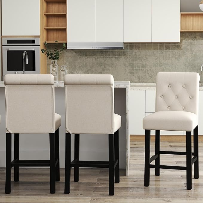 LSSBOUGHT Counter Stools,24 inches Upholstered Counter Height Chairs with Button-Tufted and Solid Wood Legs Set of 2（Beige）
