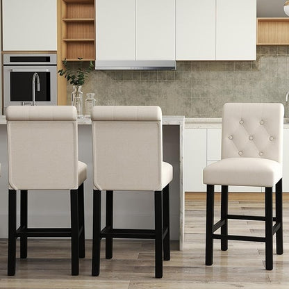 LSSBOUGHT Counter Stools,24 inches Upholstered Counter Height Chairs with Button-Tufted and Solid Wood Legs Set of 2（Beige）