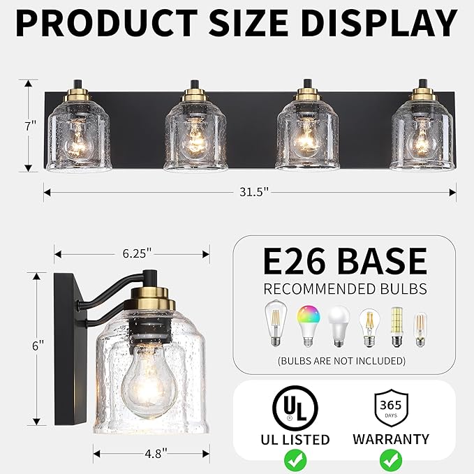 31.5" Large Farmhouse Bathroom Vanity Light,4-Light Black and Gold Metal Vanity Light with Bubble Glass Shades,Rustic Wall Sconce Lighting Fixtures Over Mirror for Barhroom,Kitchen. BD005-4-BG