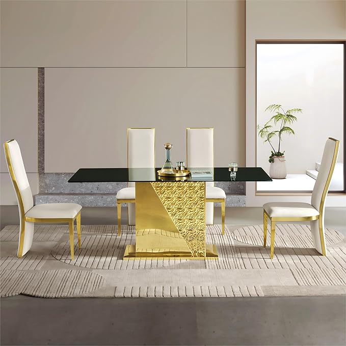 Modern Rectangular Glass Dining Table for 6-8,Elegant Dining Room Tables with Gold Mirrored Stainless Steel Base,70'' Kitchen Table with Black Glass top,for Kitchen Room/Office(Only Table)