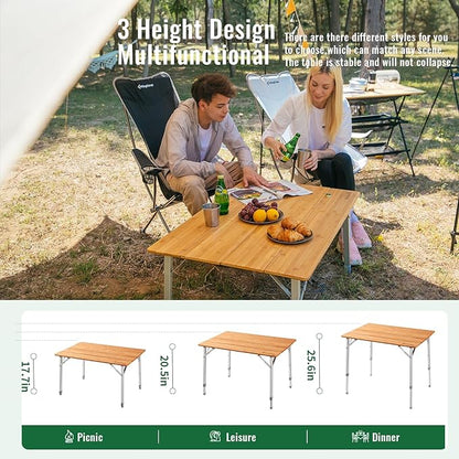 KingCamp Adjustable Height Folding Table, 4-Fold Bamboo Camping Outdoor Portable RV Camp Table with Carry Bag for Outdoor Car Backyard Picnic Tailgating Beach