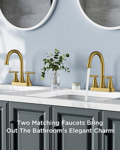 FORIOUS Brushed Gold Bathroom Faucets, 4 Inch Centerset Bathroom Sink Faucet 2 or 3 Hole with Pop up Drain and cUPC Hose, Two Handles Control, 360° spout for Restroom,Vanity, Rv, 2 Pack