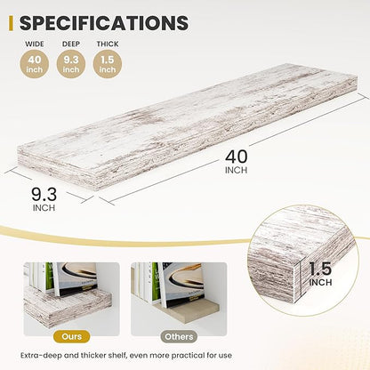 Acovy 40 Inch Floating Shelves, 9.3" Deep Floating Shelf Wall Mounted, 40" Wall Shelves, Rustic Deep Bookshelf, Large Display Shelves & Storage Shelves for Bedroom, Living Room, Rustic, Set of 2