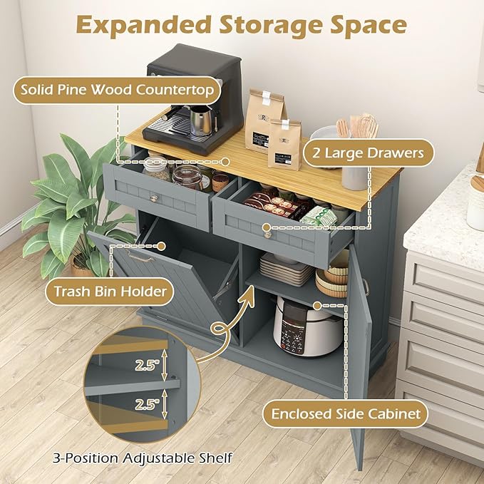 Giantex Tilt Out Trash Cabinet 15.5 Gallon, Wooden Laundry Room Cabinet, 2 Drawers, Storage Cabinet, Recycling Trash Cabinet, Kitchen Island with Garbage Can Holder, 39.5" x 14" x 35.5", Gray