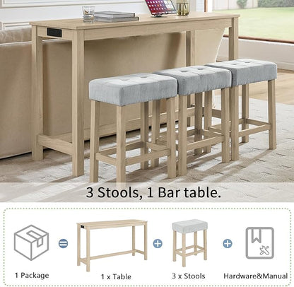 HMFULE 59'' Bar Table and Chairs Set with Power Outlet, Industrial Breakfast Table Set with 3 Padded Stools, Solid Wood Console Table Set for Living Dining Room, Light Oak