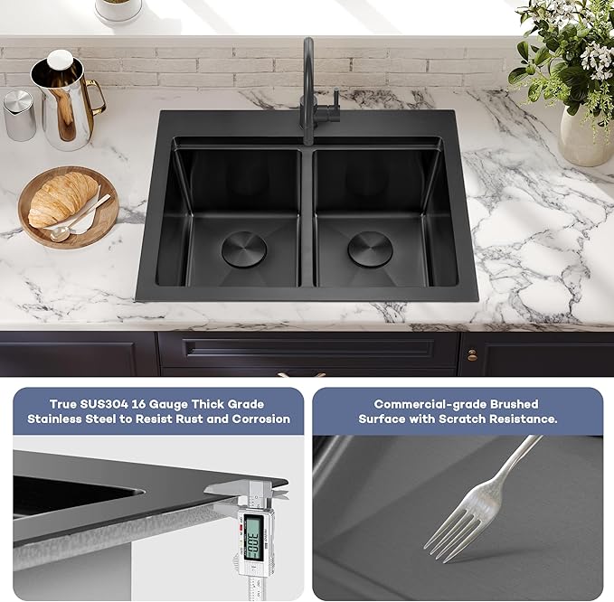 MILOSEN 31 Inch Black Double Bowl Kitchen Sink, 31''x22'' Drop in 16 Gauge T304 Black Stainless Steel Sinks, Workstation Sink 50/50 Topmount Double Basin with Accessories, 10'' Large and Deep Sinks