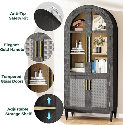 71" Arched Storage Cabinet, 5-Tier Modern Arched Cabinet with Glass Doors, Tall Arched Cabinet Adjustable for Living Room, Dining Room Office, Black