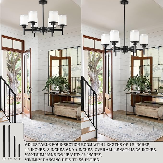 6-Light Black Chandelier for Dining Room Kitchen Island,Modern Farmhouse Pendant Lighting Over Table with Glass Shades,Industrial Metal Hanging Ceiling Light Fixture for Bedroom Hallway