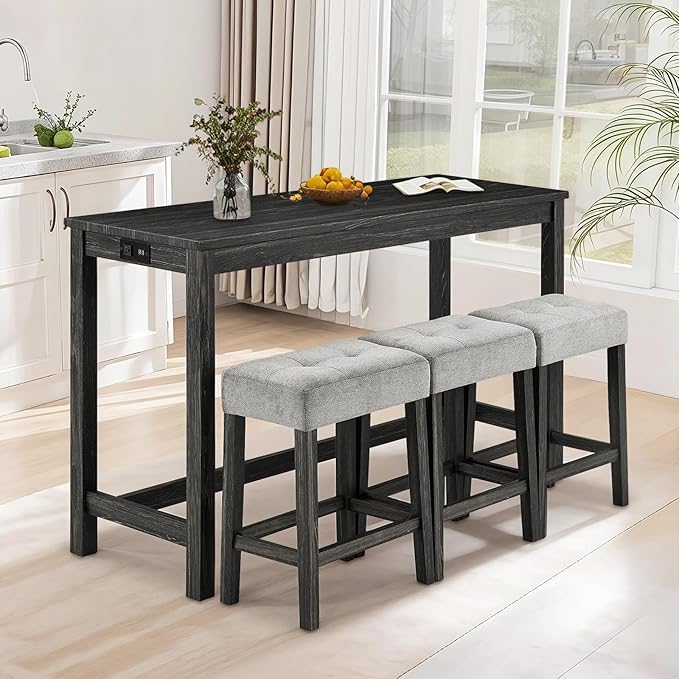 LKTART 4 Piece Bar Table Set Dining Bar Table and Chairs Set with Power Outlet Industrial Breakfast Table with 3 Padded Stools Rustic Bar Kitchen Dinning Room Living Room Black Grey