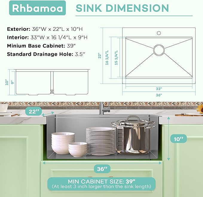 Rhbamoa 36 Inch Stainless Steel Farmhouse Sink,16-Gauge T304 Stainless Steel Single Bowl Apron Front Kitchen Sink,10 Inch Depth Topmount Farm Sinks with All Accessories