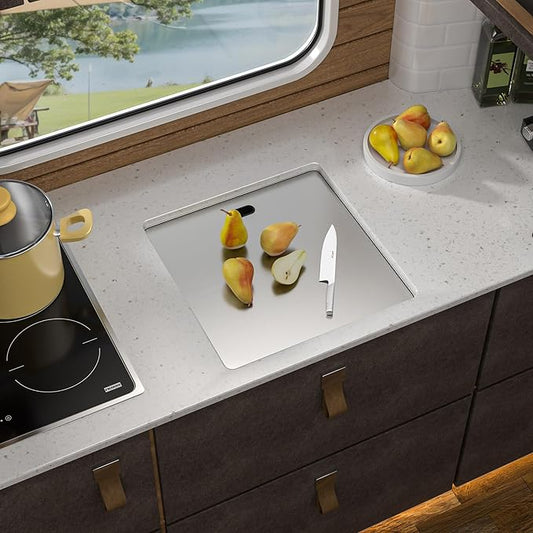 18 Inch Undermount RV Kitchen Sink Workstation - Fulorni 18"x18" Outdoor RV Camper Mobile Wet Bar Prep Sink 16 Gauge 304 Stainless Steel Single Bowl Basin with Foldable Faucet
