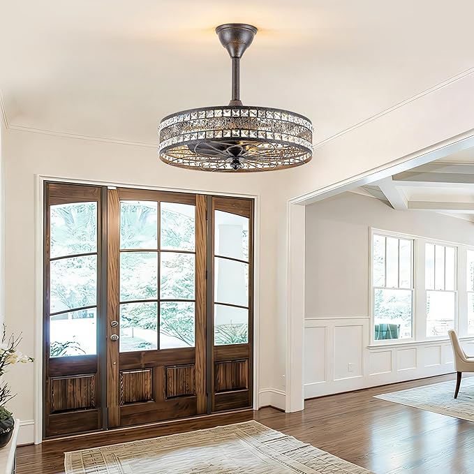 Vintage Chandelier Light Fixture 6-Light,Retro Antique Fandelier Ceiling Fan with Light, Decorative Traditional Crystal Bladeless Caged Enclosed Hanging Pendant for Bedroom, Dining Room, Living Room