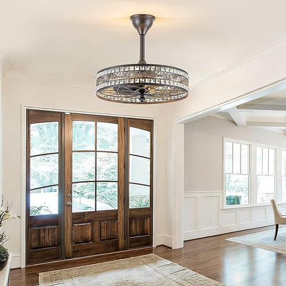 Vintage Chandelier Light Fixture 6-Light,Retro Antique Fandelier Ceiling Fan with Light, Decorative Traditional Crystal Bladeless Caged Enclosed Hanging Pendant for Bedroom, Dining Room, Living Room