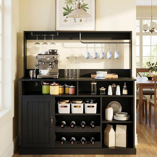47" Farmhouse Coffee Bar Cabinet with Storage, Buffet Cabinet with Goblet Holder, 5Hooks, Power Outlets, Sideboard Cabinet Coffee Bar Table with Adjustable Shelves for Kitchen & Living Room, Black